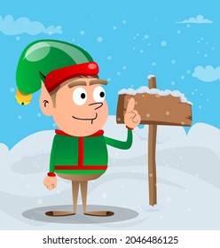 Christmas Elf making a point. Vector cartoon character illustration of Santa Claus's little worker, helper.