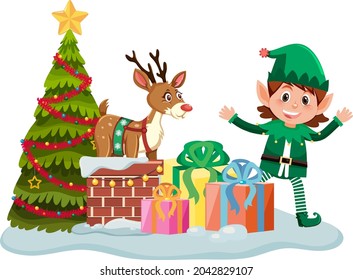 Christmas elf with many present boxes and Christmas tree illustration