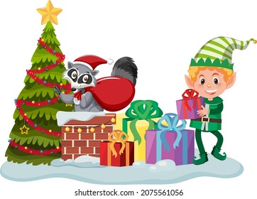 Christmas elf with many present boxes and Christmas tree illustration
