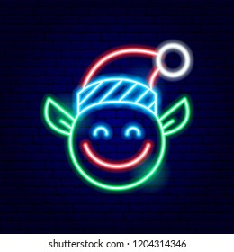 Christmas Elf Neon Sign. Vector Illustration of Winter Holiday Promotion.