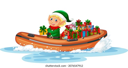 Christmas elf on the boat with his gifts illustration