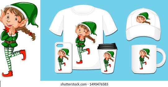 Christmas elf on different products illustration