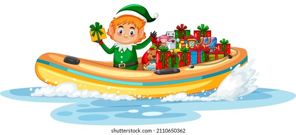 Christmas elf on speed boat with his gifts illustration