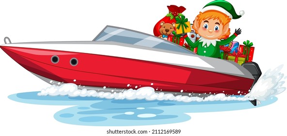 Christmas elf on speed boat with his gifts illustration