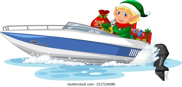 Christmas elf on speed boat with his gifts illustration