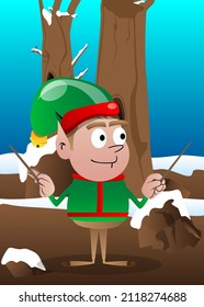 Christmas Elf orchestra conductor. Vector cartoon character illustration of Santa Claus's little worker, helper.