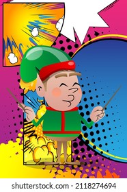 Christmas Elf orchestra conductor. Vector cartoon character illustration of Santa Claus's little worker, helper.