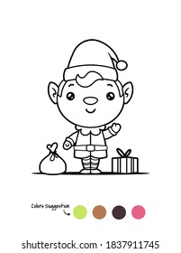 Christmas Elf Outline Coloring Book Page template vector cartoon illustration