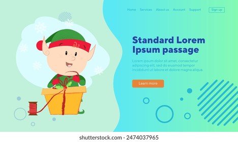 Christmas elf packing gift. Vector illustration of elf in green costume holding gift box. Christmas, fairy tales, cartoon character. Can be used for banner, website or landing page design