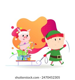 Christmas elf and pig with Santa sledge. Present, helper, animal. Can be used for topics like symbol of year, celebration, winter