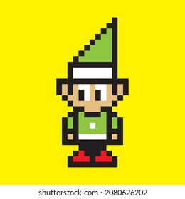 christmas elf in pixel art for favicon 8 bits style ideal for websites social network menus green hat red shoes