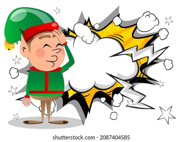 Christmas Elf placing hand on head. Vector cartoon character illustration of Santa Claus's little worker, helper.