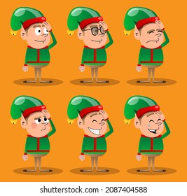 Christmas Elf placing hand on head. Vector cartoon character illustration of Santa Claus's little worker, helper.