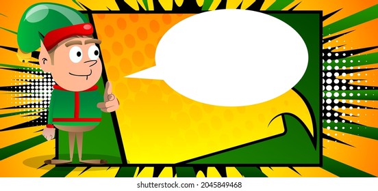 Christmas Elf pointing at the viewer with his hand. Vector cartoon character illustration of Santa Claus's little worker, helper.