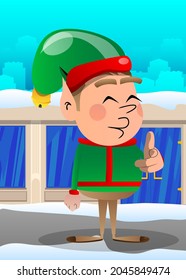 Christmas Elf pointing at the viewer with his hand. Vector cartoon character illustration of Santa Claus's little worker, helper.