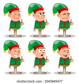 Christmas Elf pointing at the viewer with his hand. Vector cartoon character illustration of Santa Claus's little worker, helper.