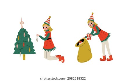 Christmas Elf with Pointy Ears and Hat as Santa Helper Taking Gift Box Out from Sack and Hanging Bauble on Fir Tree Vector Set