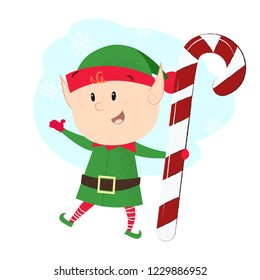 Christmas elf postcard element. Illustration of elf in green costume holding candy cane and dancing. Christmas, fairy tales, cartoon character. Can be used for postcards, posters, greeting cards