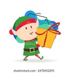 Christmas elf poster element design. Illustration of elf in green costume holding gift box and walking. Christmas, fairy tales, cartoon character. Can be used for postcards, posters, greeting cards