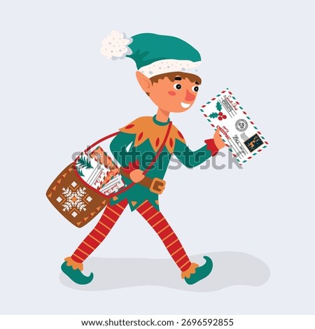 Christmas elf postman isolated on grey background. Cartoon male character holds an envelope for Santa and carries a bag of letters. Santa's little helper in flat colors. Vector illustration.