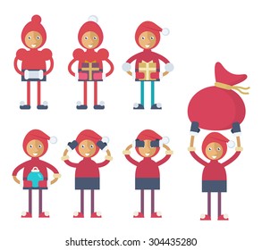 A Christmas elf preparing presents, holding a Christmas bauble, covering his eyes with his hands and holding Santa's sack
