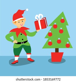 Christmas elf with present flat vector illustration