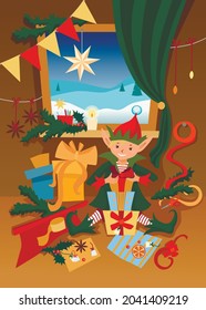 Christmas elf with presents in the house with ornaments and Christmas tree branches. Merry Christmas and Happy New Year. Gingerbread, stars, cute elf. Vector flat illustration, cartoon style.