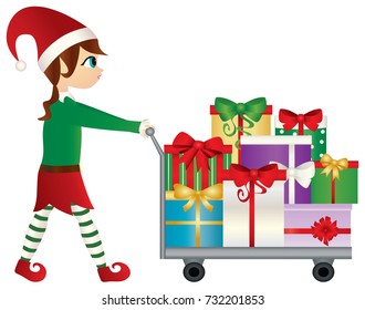 Christmas elf pushing Santa's presents on a trolley