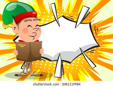 Christmas Elf reading a book. Vector cartoon character illustration of Santa Claus's little worker, helper.