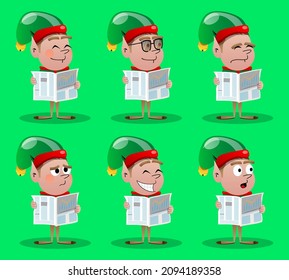 Christmas Elf reading newspaper. Vector cartoon character illustration of Santa Claus's little worker, helper.