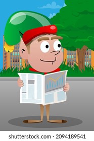 Christmas Elf reading newspaper. Vector cartoon character illustration of Santa Claus's little worker, helper.