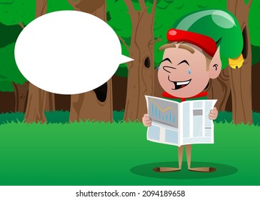 Christmas Elf reading newspaper. Vector cartoon character illustration of Santa Claus's little worker, helper.