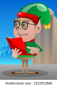 Christmas Elf reading and pointing at an opened book. Vector cartoon character illustration of Santa Claus's little worker, helper.