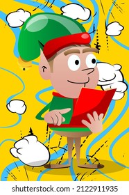 Weihnachtself liest und zeigt auf ein geöffnetes Buch. Vektorgrafik-Zeichentrickfigur von Helfer des Weihnachtsmannes.