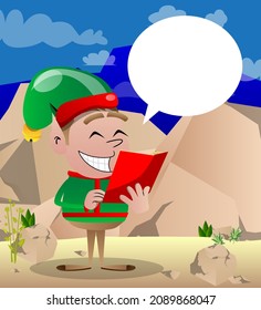 Christmas Elf reading a red book. Vector cartoon character illustration of Santa Claus's little worker, helper.