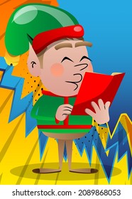 Christmas Elf reading a red book. Vector cartoon character illustration of Santa Claus's little worker, helper.