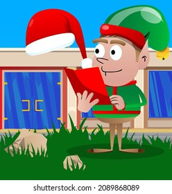 Christmas Elf reading a red book. Vector cartoon character illustration of Santa Claus's little worker, helper.