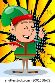 Christmas Elf reading a red book and making a point. Vector cartoon character illustration of Santa Claus's little worker, helper.