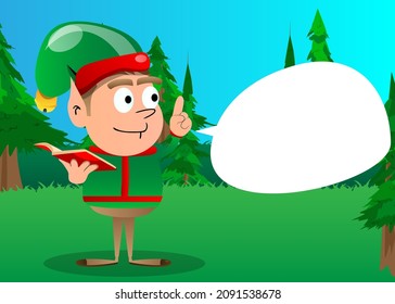 Christmas Elf reading a red book and making a point. Vector cartoon character illustration of Santa Claus's little worker, helper.
