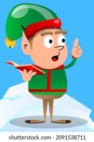 Christmas Elf reading a red book and making a point. Vector cartoon character illustration of Santa Claus's little worker, helper.
