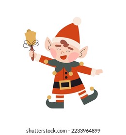 Christmas elf in red costume. Little Santa's helper with ringing xmas bell. Dwarf little fantasy helpers. Children winter character. Elf for party invitations or greeting cards. Flat vector. 