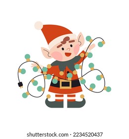 Christmas elf in red costume. Little Santa's helper holding lights. Dwarf little fantasy helpers. Children winter character. Elf for party invitations or greeting cards. Flat vector. 