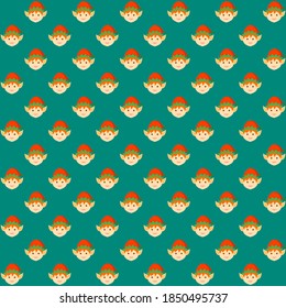 Christmas elf with red green hat long ears brown face on blue background repeat pattern