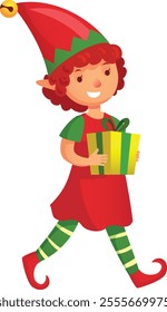 Christmas elf with red hair and pointy ears, wearing red and green clothes, walking and holding a yellow gift box with a green ribbon, isolated on white background