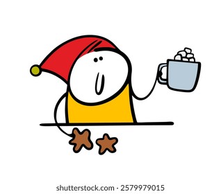 Christmas elf in a red hat is sitting at  table drinking cocoa with marshmallows. Vector illustration of a child and a cozy Christmas Eve. Cookies in the shape of a star. Isolated funny character.