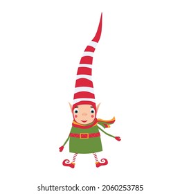 A Christmas elf in a red striped hat smiles. Adorable new year childrens illustration