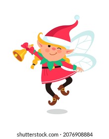 Christmas elf ringing bell. Winter holiday symbol. Cute cartoon character
