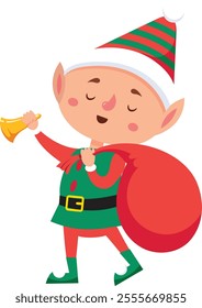 Christmas elf is ringing a golden bell while carrying a big red sack full of christmas gifts, with closed eyes, wearing a red and green costume