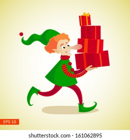 Christmas elf, running with many present boxes in hands