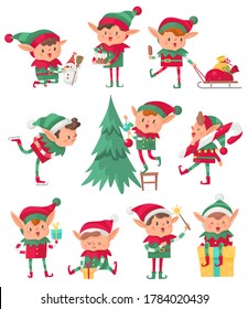 Christmas elf. Santa Claus cute fantasy helpers, adorable elves with holiday gifts and decorations, happy dwarf with xmas eve and snowman cartoon vector isolated characters collection